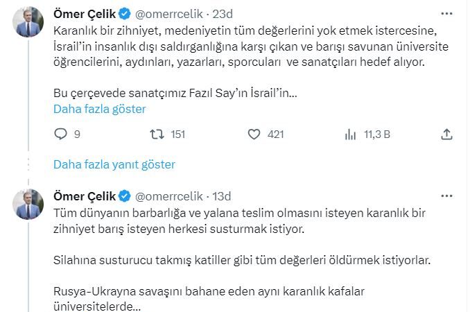 AK Parti’li Çelik, Fazıl Say’ın konserlerinin iptal edilmesini kınamaktadır.