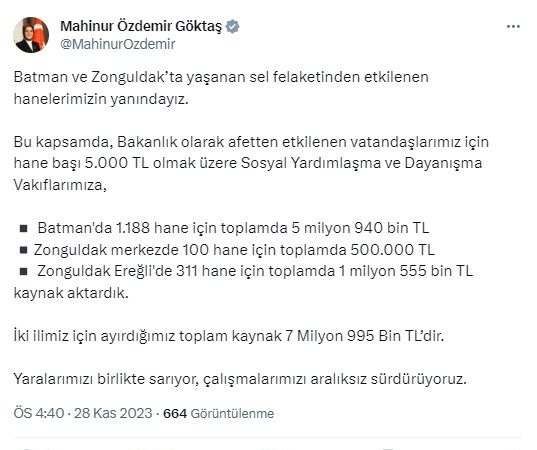Batman’da sel felaketinden etkilenenlere 5 bin TL yardım yapılacak.