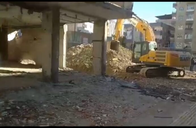 Hasarlı bir binanın yıkımında fark edilen yavru köpekler, kurtarıldı.