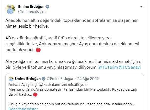 Cumhurbaşkanı Recep Tayyip Erdoğan’ın eşi Emine Erdoğan, sosyal medya hesabından ‘Ayaş domatesi’ ile ilgili bir paylaşımda bulundu.