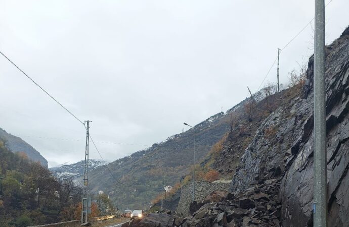 Artvin’de meydana gelen heyelan sonucunda, kayalar yola düştü.