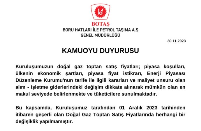 Enerji sektörünün önemli aktörlerinden BOTAŞ, Aralık ayı için doğal gaz fiyatlarında herhangi bir değişiklik yapmadığını duyurdu.