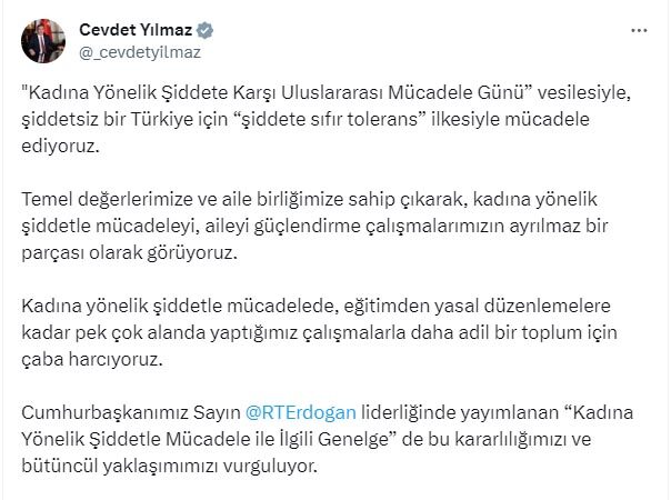 Cumhurbaşkanı Yardımcısı Yılmaz, şiddete sıfır tolerans ilkesiyle hareket ettiklerini belirtti.