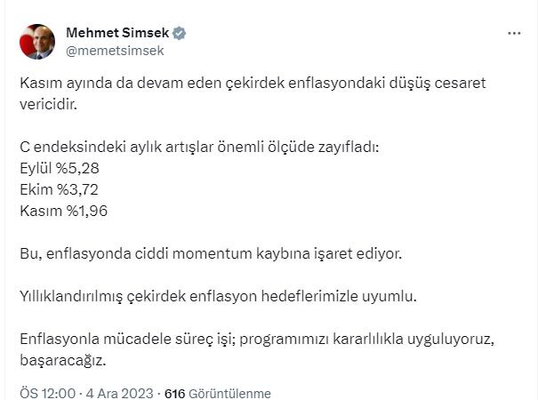 Maliye Bakanı Şimşek, çekirdek enflasyondaki düşüşün cesaret verici olduğunu belirtti.