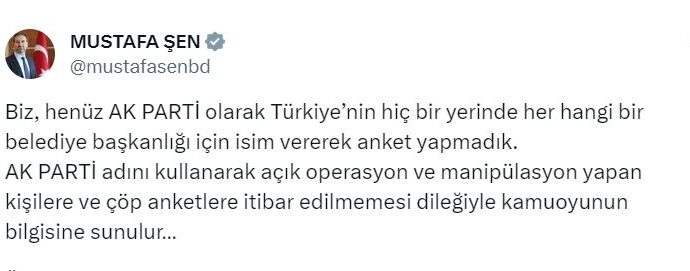 AK Parti’li Şen, belediye başkanlığı için anket yaparken isim vermediklerini belirtti.
