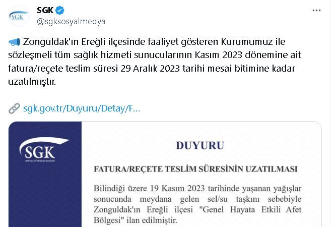 Zonguldak’ın Ereğli ilçesinde fatura ve reçete teslim süresi uzatıldı.