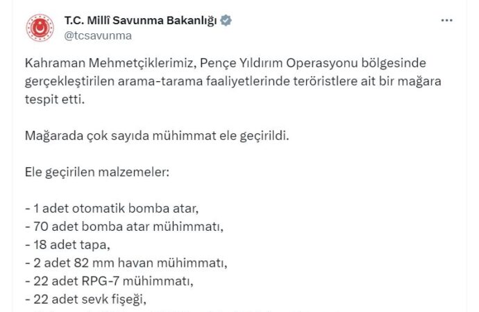 Teröristlere ait birçok mühimmatın ele geçirildiği bildirildi.