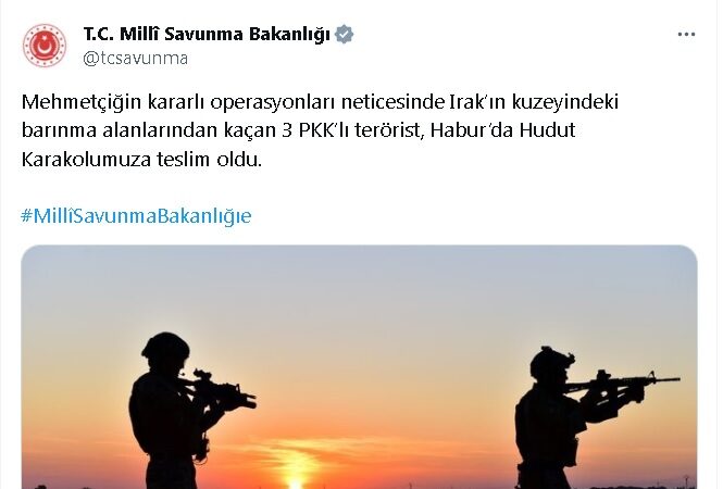 Irak’ın kuzeyinde faaliyet gösteren terör örgütünden kaçan üç PKK militanı, Hudut Karakolu’na teslim oldu.