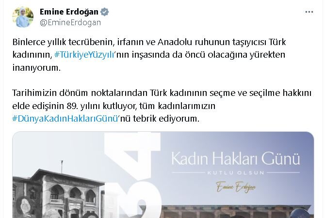 Emine Erdoğan, Dünya Kadın Hakları Günü’nü kutluyor ve tüm kadınlarımıza tebriklerini iletiyor.
