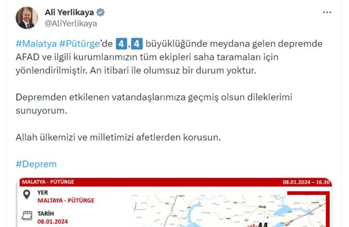 Malatya’da meydana gelen deprem, 4.4 büyüklüğünde gerçekleşti.