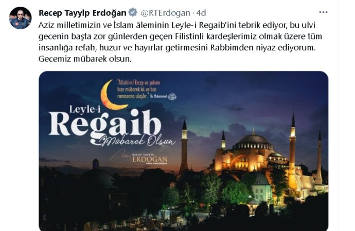 Türkiye Cumhuriyeti’nin Cumhurbaşkanı Recep Tayyip Erdoğan, Kandil mesajını iletti.