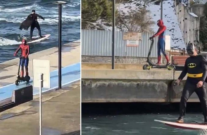 İstanbul’un güzel insanları: Bebek sahilinde Batman sörf yaptı; Spider Man skuter kullandı!