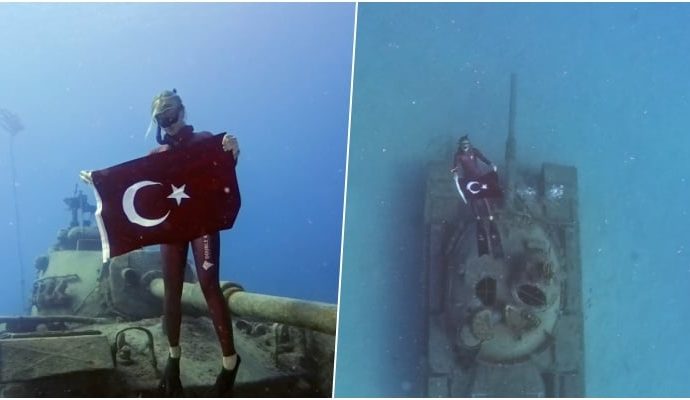 30 Ağustos dalışı: Şahika Ercümen Türk bayrağıyla batık tankta