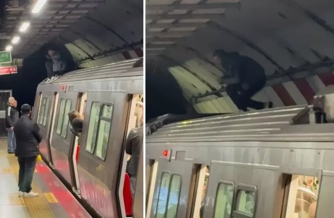Metroda şaşkınlık: Vagonların üstüne çıktı